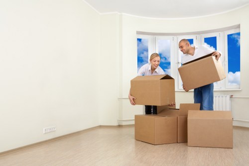 Boxes and protective packing materials arranged for a flat move in Soho
