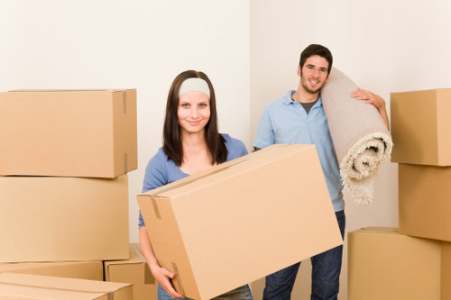 Packed office equipment ready for relocation in Soho